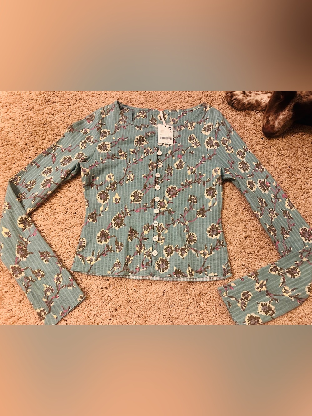 Free People Teal Floral Ribbed Button-Down Top XS NWT